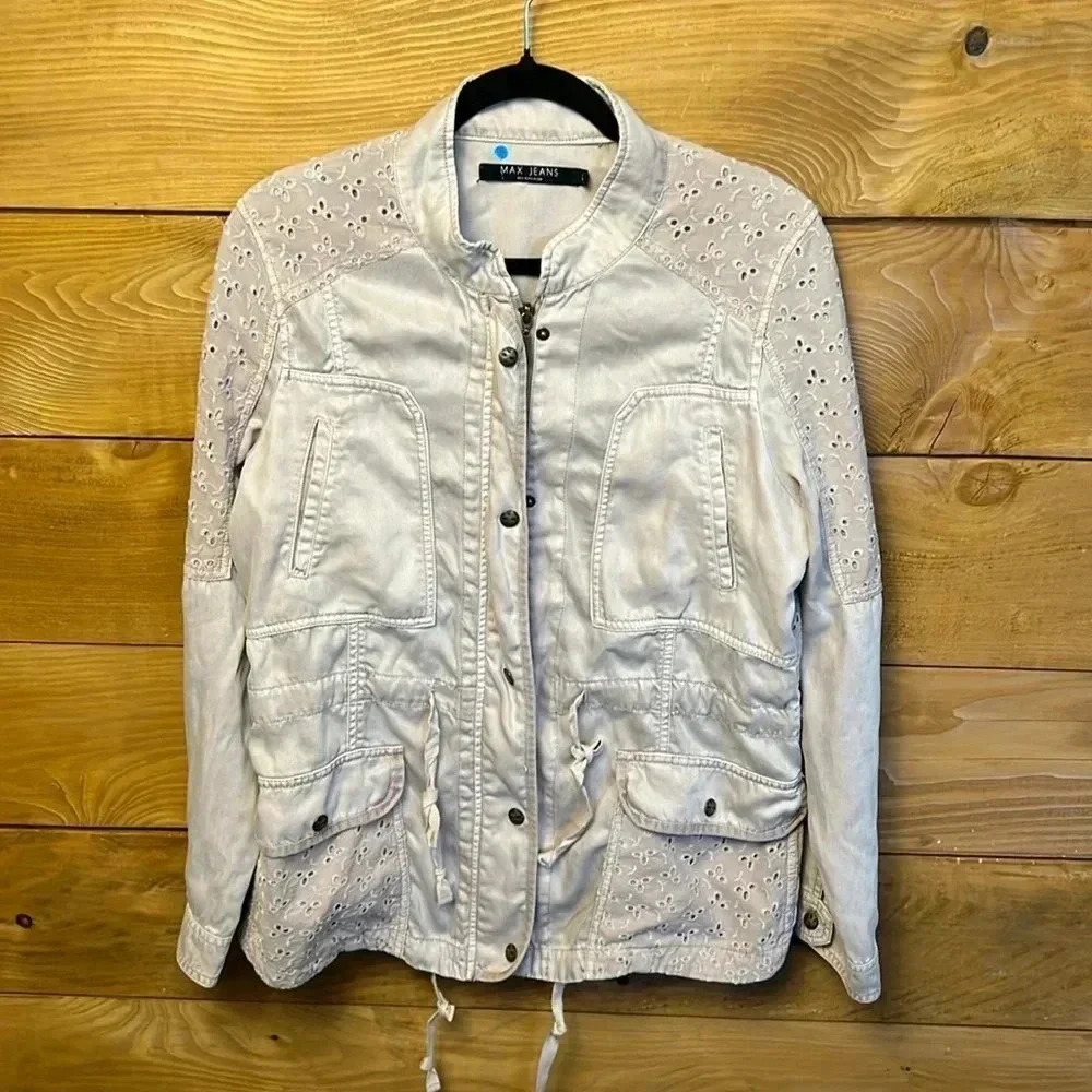 Max Jeans Utility Womens jacket Lg light pink 100% Tencel pockets drawstring Y2K